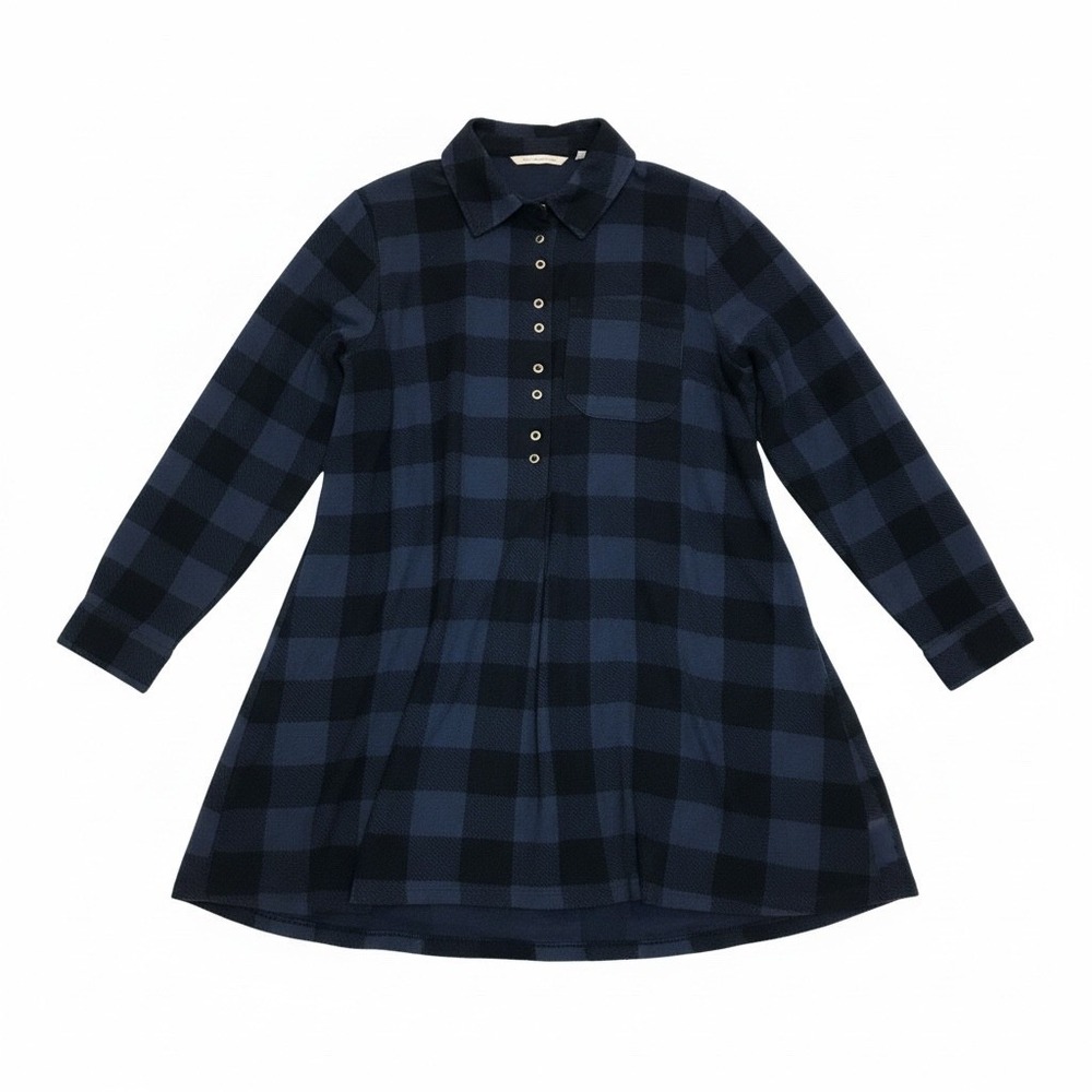 Soft Surroundings Navy Black Buffalo Plaid Button Tunic Top Womens XL Long Sleev